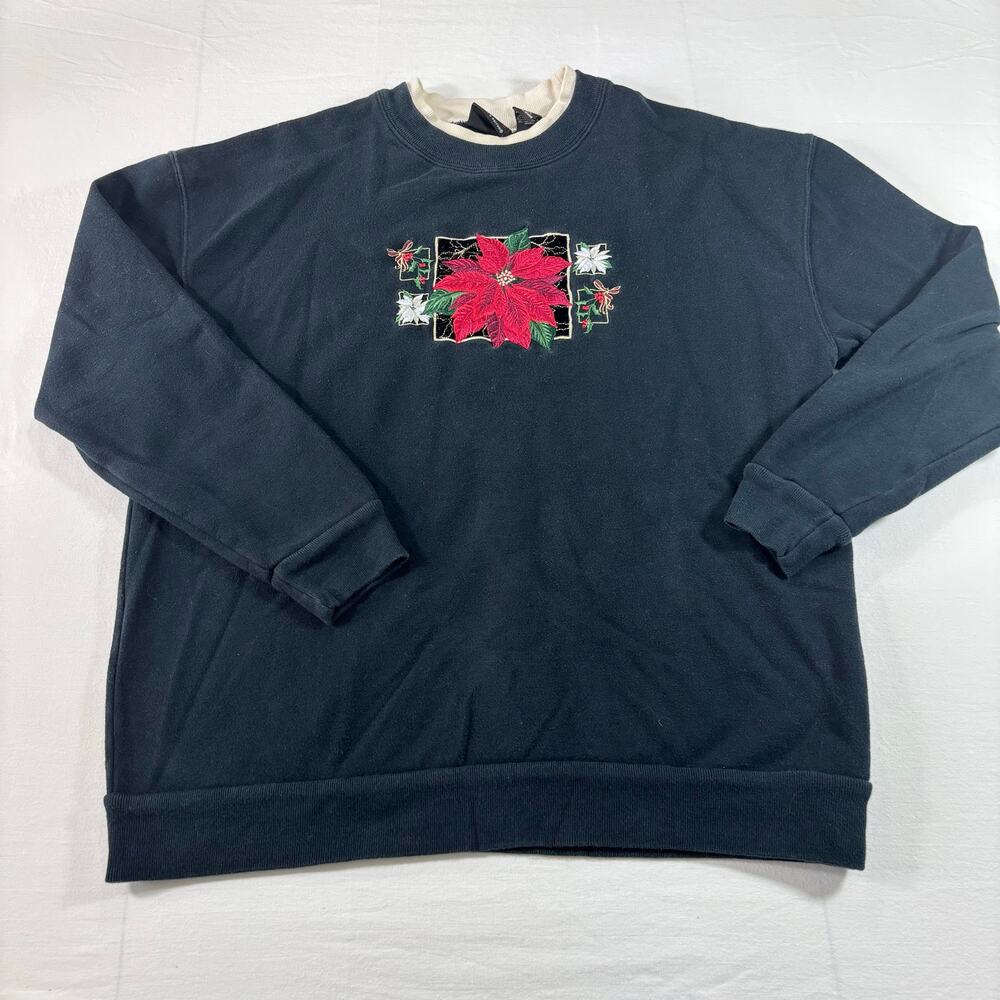 Vintage Embroidered Poinsettia Mock Neck Black Sweatshirt Holiday Grandma, Sz M